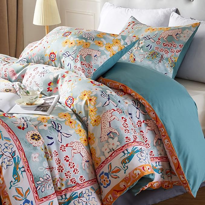 Cupocupa Duvet Cover Queen Size Set Boho Floral Pattern Queen Christmas Duvet Cover Set for Queen Size Bed Vintage Soft Bedding Leaf Print Duvet Cover with Pillowcases