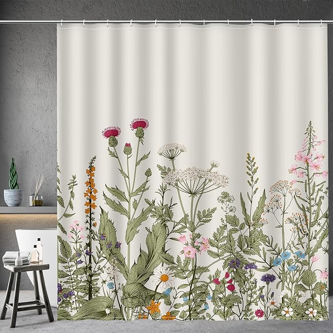 Aimego Spring Floral Shower Curtain- Sage Green Plant Leaves Wildflower Nature Botanical Flower Fabric Cloth Bath Shower Curtain Set with 12 Hooks for Bathroom Decor Accessories, 72"x72"