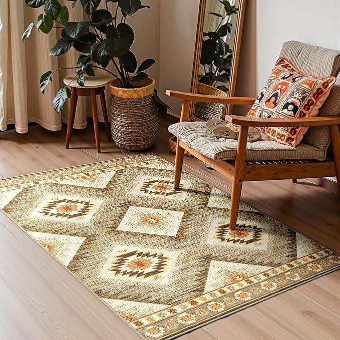 Area Rug 2x3 Rug Machine Washable Non-Slip Low Pile Print Pattern Western Rug for Living Room Bedroom Entryway Tribal Series -Cream/Camel