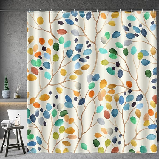 Aimego Colorful Spring Shower Curtain - Watercolor Plant Leaves Floral Summer Nature Botanical Fabric Cloth Bath Shower Curtain Set with 12 Hooks for Bathroom Decor Accessories, 72"x72"