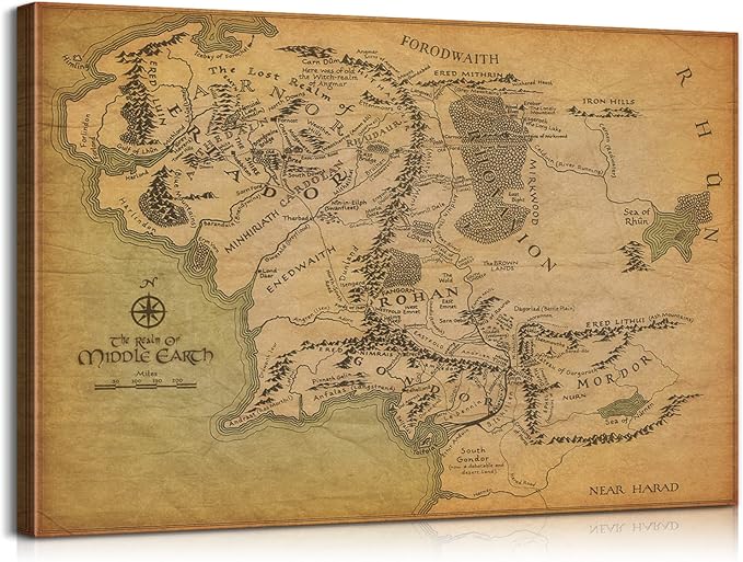 Middle Earth Map Wall Art Canvas Print - Fantasy Map of Middle Earth - 24''Hx36''W with Inner Wooden Frame - Lightweight & Easy to Hang - Perfect for Bedroom, Game Room Decor