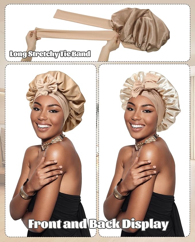 Satin Bonnet Silk Bonnet for Sleeping Silk Sleep Cap Double Layer Hair Bonnet with Elastic Tie Band for Curly Hair Night Cap (Coffee + Champagne)