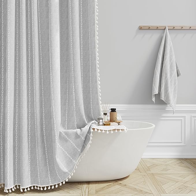 BTTN Gray Boho Farmhouse Shower Curtain, Linen Rustic Weighted Striped Fabric Shower Curtain Set with Tassel, Water Repellent, Bohemian Vintage Country Cloth Shower Curtain for Bathroom, Grey, 72x72