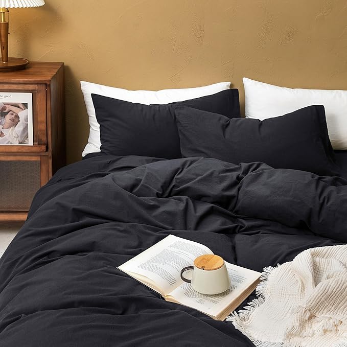 FOSSA Duvet Cover Set 100% Washed Cotton Linen Feel Super Soft Breathable Cozy 3 Pieces Bedding Sets Solid Black Twin/Twin XL
