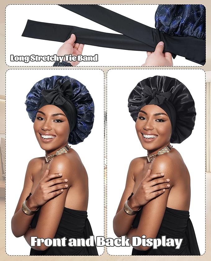 Satin Bonnet Silk Bonnet for Sleeping Silk Sleep Cap Double Layer Hair Bonnet with Elastic Tie Band for Curly Hair Night Cap(Nebula+Black)