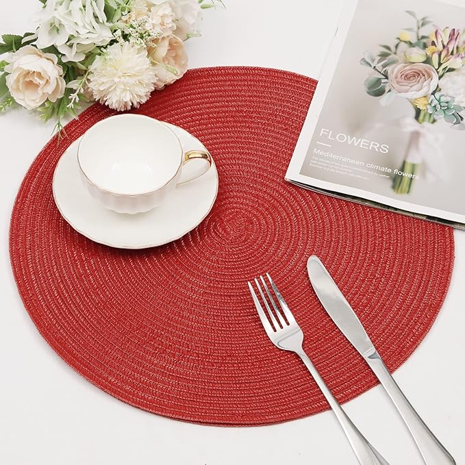SHACOS Round Placemats Set of 4 Non Slip Washable Place Mats 15 inch Cotton Polyester Braided Placemat for Christmas Home Wedding Party Dining Table Decor (Red, 4)