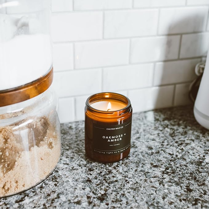 Calyan Wax Co. Soy Wax Candle, Lemon + Sage Scented Candle, 57 Hour Burn Time, Aromatherapy Soy Candles, Non Toxic & Vegan Soy Wax, Amber Glass Jar Scented Candles, 7.2oz