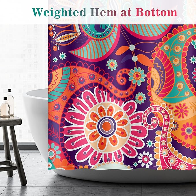 Aimego Extra Long Shower Curtain - Boho Paisley Floral Mandala Indian Bohemian Colorful Flowers Fabric Cloth Bath Shower Curtain Set with 12 Hooks Bathroom Decor Bathtub Curtain, 72"x84"
