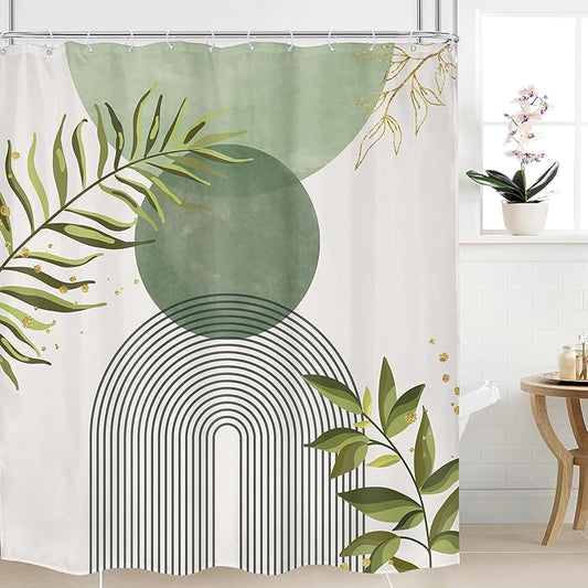 Sage Green Boho Shower Curtain 72Wx78H Modern Bohemian Abstract Leaves Olive Dark Green Mid Century Plant Bathroom Decor Minimalist Geometric Arch Bath Curtain Fabric Polyester 12 Pack Hooks
