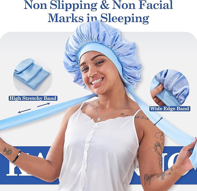 Silk Satin Bonnet Hair Wrap for Sleeping Women, Adjustable Tie Band Double Layer Sleep Night Head Cover for Curly Braid Fine