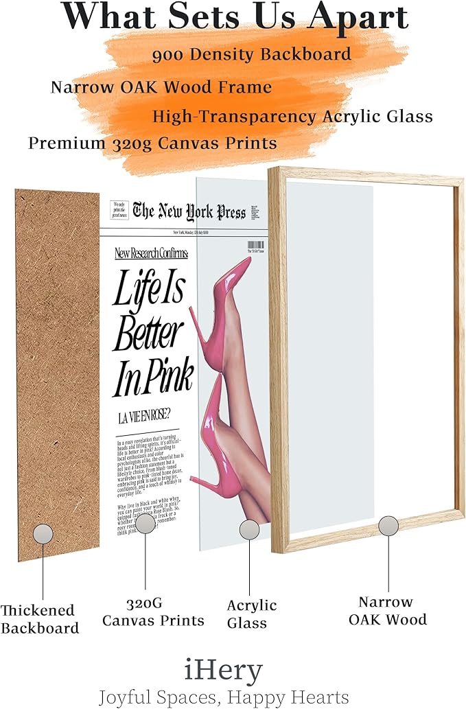 iHery Natural OAK Wood Retro Baby Pink News Framed Wall Art, 12x16 in Life Is Better In Pink Canvas Wall Decor, Beige Modern Trendy Newspaper Bedroom Decor, Set of 1 For Bathroom Living Room