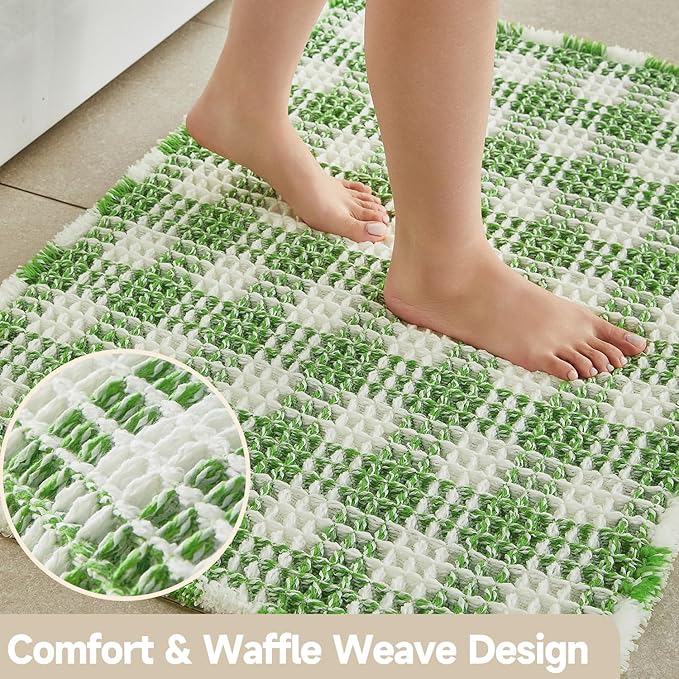 Waffle Bath Mat, Boho Bathroom Rugs Non Slip Washable Absorbent Checkered Bathroom Mat Quick Dry Cute Bath Mat, 30"x20" Green and White