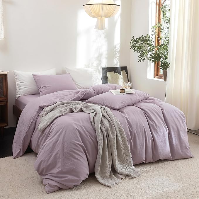 FOSSA Duvet Cover Set 100% Washed Cotton Linen Feel Super Soft Breathable Cozy 3 Pieces Bedding Sets Solid Light Purple Queen