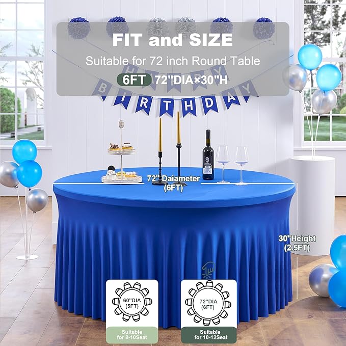 Outpain 6 Pack 72inch Royal Blue Spandex Round Tablecloths, Stretchy 132inch Fitted 6FT Round Table Cloths, Wrinkle Free Table Cover with Skirt for Wedding Party Dining Banquet