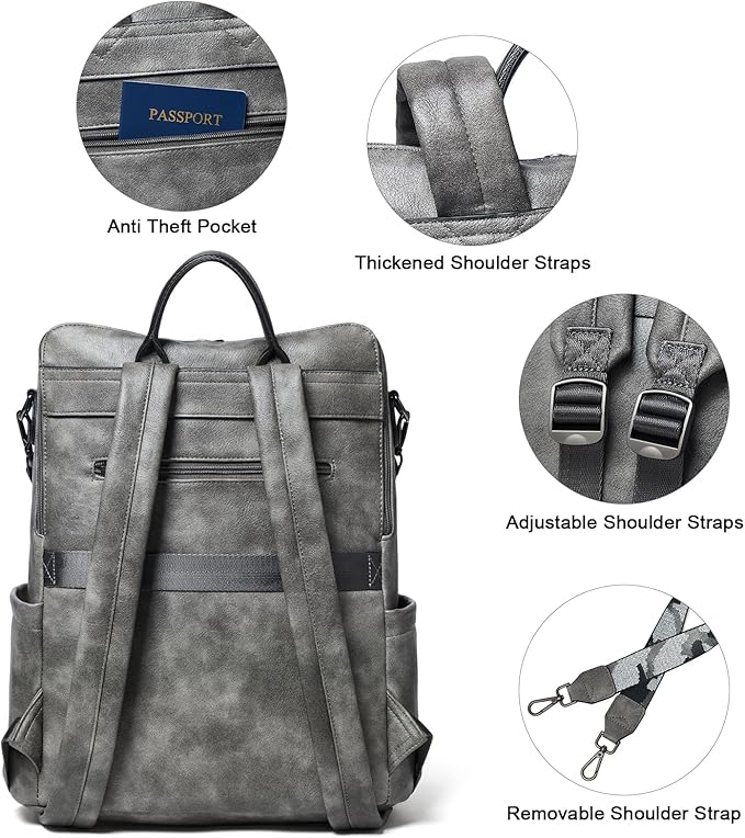 Shrrie 15.6 inch Laptop Backpack for Women,Large Leather Purse,Travel Backpacks Carry on,Water Resistant Casual Laptop Backpacks,College Backpack,Work Backpack for Women,Two-toned Deep Gray