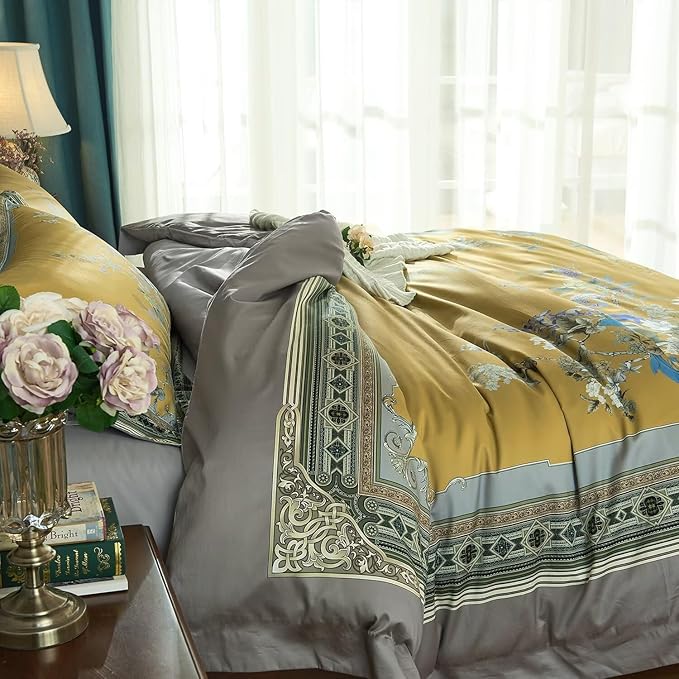 mixinni Queen Size Duvet Cover Set - 3PC Garden Style Long Staple Cotton Golden Floral Bedding, Chinoiserie Chic Botanical Print, Reversible Design, Zipper Closure, Soft & Breathable for Him & Her