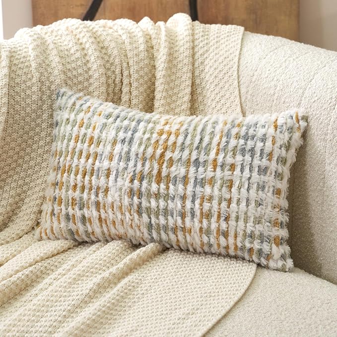 Aeckself Boho Chenille Tufted Pillow Cover 12 x 20 Inch, Rectangle Decorative Lumbar Throw Pillow Cover Neutral Pillowcase for Couch Bedroom Living Room, Yellow White