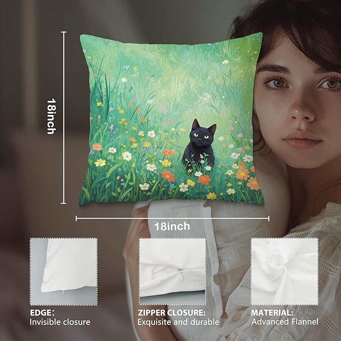Floral Black Cat Pillow Covers 18x18, Cats Lovers Lady Gifts, Cat Gifts for Mom Mother's Day, Cats in Green Field Meadow Decorative Pillow Covers for Home Bedroom Living Room Office Decor