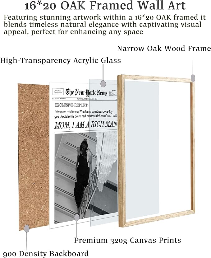 EcoHest Trendy Newspaper Framed Wall Art, Large 16x20 in OAK Wood Mom I Am a Rich Man Canvas Art, Magazine Girly Poster College Dorm Decor, Beige Logs Set of 1 for Bedroom Living Room