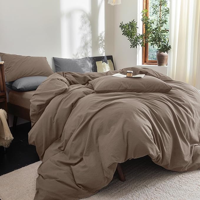 FOSSA Duvet Cover Set 100% Washed Cotton Linen Feel Super Soft Breathable Cozy 3 Pieces Bedding Sets Solid Pale Brown Oversized King