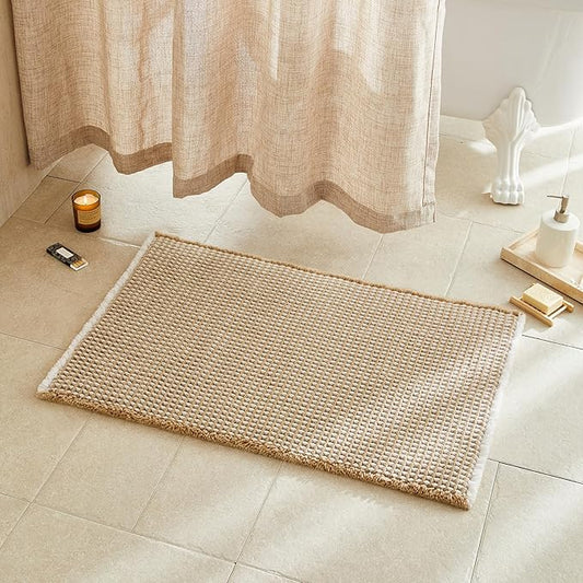 Waffle Bath Mat, Boho Bathroom Rugs Non Slip Washable Super Absorbent Quick Dry Bath Mat Farmhouse Bathroom Decor, 36"x24" Khaki and White