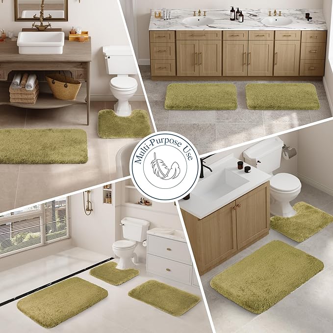 Walensee Contour Rug (20x24, Olive Green) Non Slip Bath Mat for Bathroom Water Absorbent Soft Microfiber Shaggy Bath Mat Machine Washable U Shape Toilet Rug