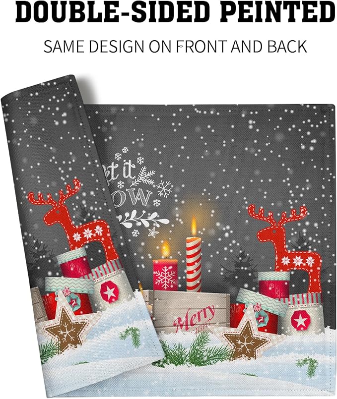 Giwawa Christmas Gnome Placemats, Let It Snow Xmas Elf Reindeer Place Mat for Kitchen Dining, Winter Snowflakes Non-Slip Washable Table Mats for Tabletop Holiday Camping Decor, Set of 4, 12"x18"
