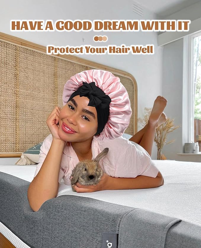 Satin Bonnet Silk Bonnet for Sleeping Silk Sleep Cap Double Layer Hair Bonnet with Elastic Tie Band for Curly Hair Night Cap (Black + Peach Pink)