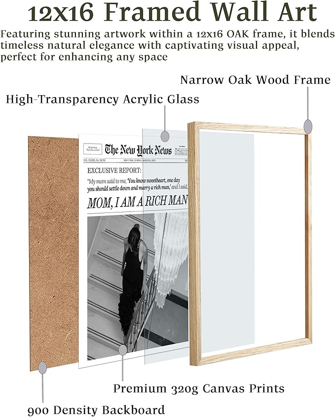 EcoHest Trendy Newspaper Framed Wall Art, 12x16 in OAK Wood Mom I Am a Rich Man Canvas Art, Magazine Girly Poster College Dorm Decor, Beige Logs Set of 1 for Bedroom Living Room