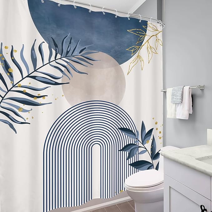 Blue Gray Boho Shower Curtain 72Wx84H Extra Long Dusty Blue Modern Bohemian Abstract Gold Leaf Mid Century Plant Bathroom Decor Minimalist Geometric Bath Curtain Fabric Polyester 12 Pack Hooks