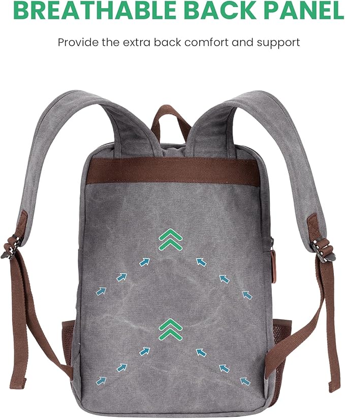 Modoker Vintage Backpack for Men Women, Canvas Bookpack Fits Most 15.6 Inches Computer and Tablets, Rucksack Backpack with USB Charging Port, Grey