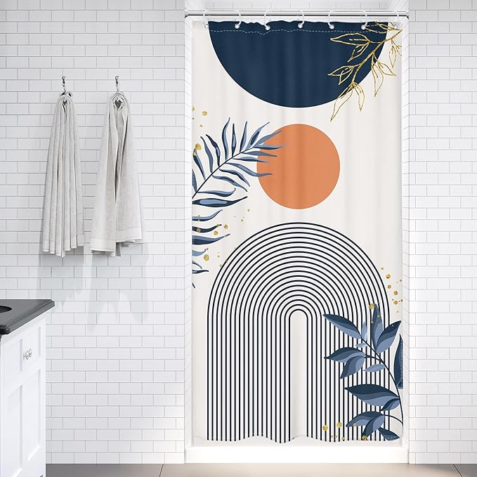 Small Stall Boho Shower Curtain 36Wx72H Navy Blue Modern Bohemian Mid Century Gold Leaves Orange Minimalist Geometric Bathroom Decor Half Narrow Bath Curtain Fabric Polyester 7 Pack Hooks