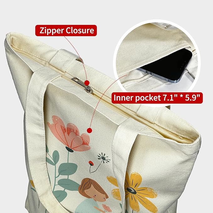 Canvas Tote Bag for Women, Aesthetic Tote Bag with Zipper Pocket for Grocery Travel Work Gift, Canvas Shopping Bag