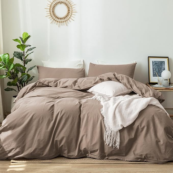 MooMee Bedding Duvet Cover Set 100% Washed Cotton Linen Like Textured Breathable Durable Soft Comfy (Solid Brown, Super King 108"x98")