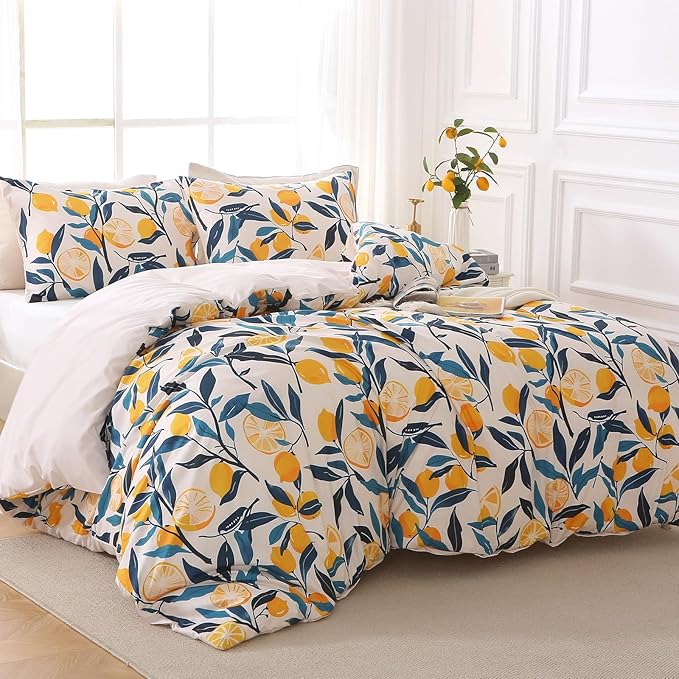 MUXHOMO Duvet Cover Queen Size, Reversible Floral Vintage Duvet Cover Set with Zipper Closure, 3 Pieces Botanical Patterns Soft Microfiber Bedding Set (90"x90", 2 Pillow Cases, Lemon Flower Green)