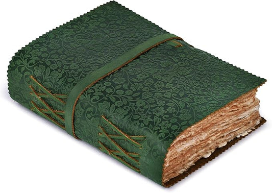 LEATHER VILLAGE Leather Bound Floral Embossed Journal for Women Men - 200 Pages, 10X7 Inches, Green - Book of Shadows, Vintage Blank Paper Travel Diary, Notebook for Writing, Drawing, Sketchbook