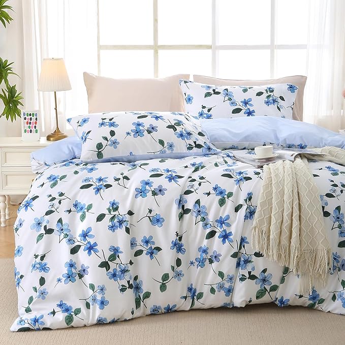 MUXHOMO Duvet Cover Queen Size, Reversible Vintage Floral Duvet Cover Set with Zipper Closure, 3 Pieces Botanical Patterns Soft Microfiber Bedding Set (90"x90", 2 Pillow Cases, Large Blue Flower)