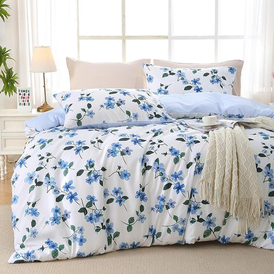 MUXHOMO Duvet Cover Queen Size, Reversible Vintage Floral Duvet Cover Set with Zipper Closure, 3 Pieces Botanical Patterns Soft Microfiber Bedding Set (90"x90", 2 Pillow Cases, Large Blue Flower)