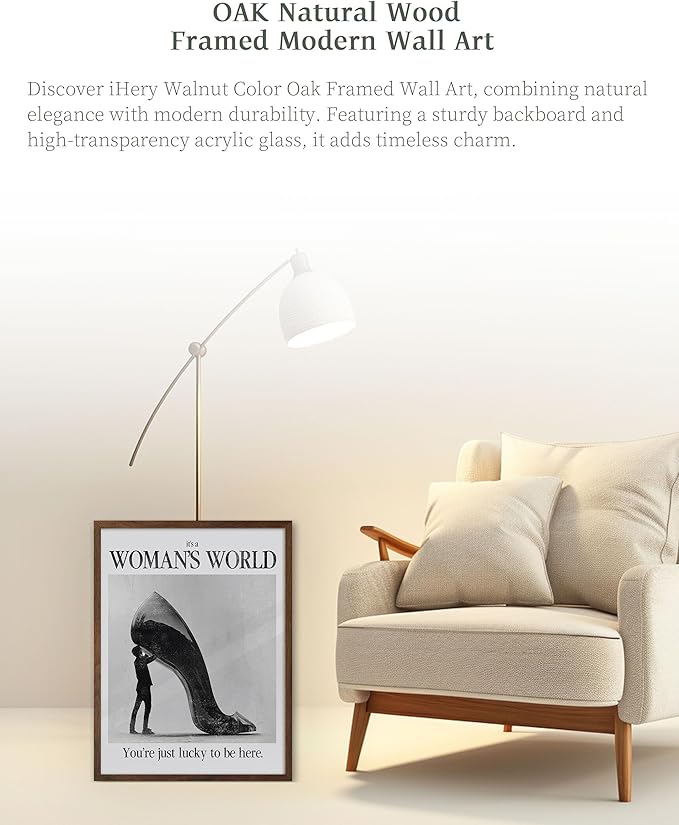 iHery Natural OAK Wood Woman's World Walnut Color Framed Wall Art, 12x16in Retro Feminist Modern Hot Girls Canvas Wall Art, Trendy Black High Heels Bedroom Decor, Bathroom Living Room 1Pack