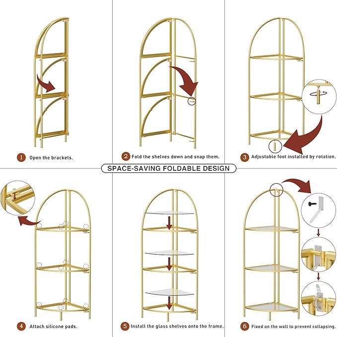 Crofy Foldable 3 Tier Corner Shelf, Metal Corner Plant Stand with Gold Frame and Transparent Shelves, Corner Display Rack Multipurpose Shelving Unit for Living Room, Bedroom, Bathroom