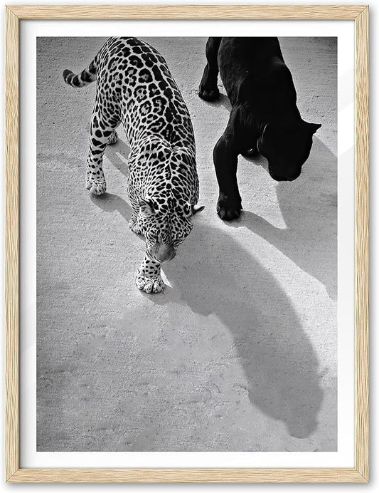 EcoHest Cheetah and Jaguar Walking Framed Wall Art, 12x16 in OAK Wood Vintage Black and White Funny Bathroom Canvas Art, Fashion 1950s Poster Decor, Beige Logs Set of 1 for Bedroom Living Room