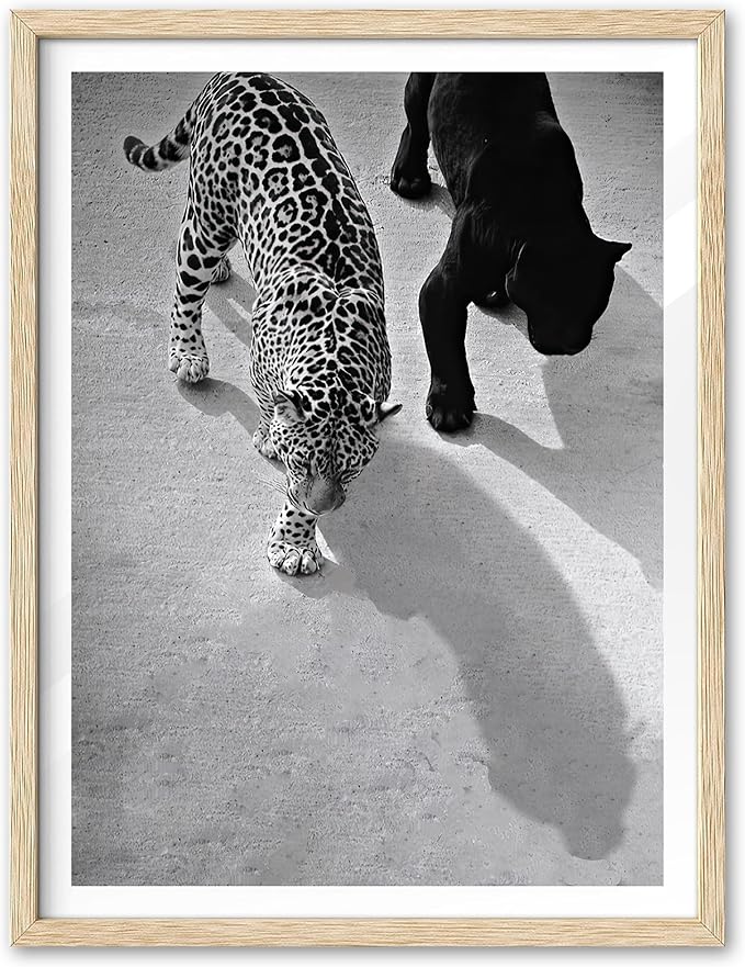 EcoHest Cheetah and Jaguar Walking Framed Wall Art, Large 16x20 in OAK Wood Vintage Black and White Funny Bathroom Canvas Art, Fashion 1950s Decor, Beige Logs Set of 1 for Bedroom Living Room