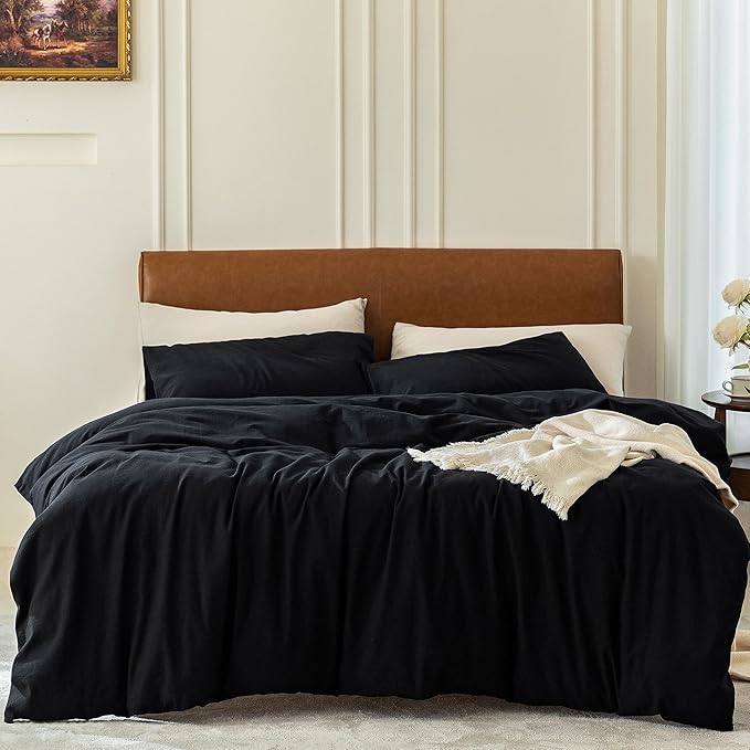 FOSSA Duvet Cover Set 100% Washed Cotton 2 Pieces Bedding Set Twill Soft Cozy Breathable Sturdy Substantial with Textured Weave Solid Black Twin/Twin XL