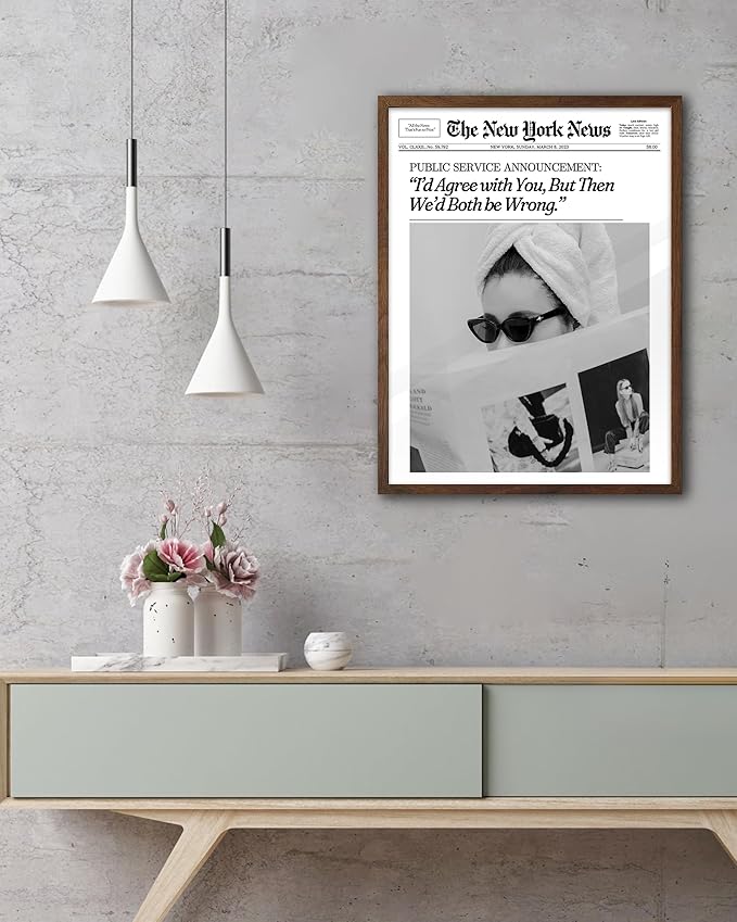 EcoHest Trendy Newspaper Framed Wall Art, 12x16 in OAK Wood Walnut Color Cool Girl Canvas Art, Magazine Bar Cart Print College Dorm Decor, Set of 1 for Bedroom Living Room