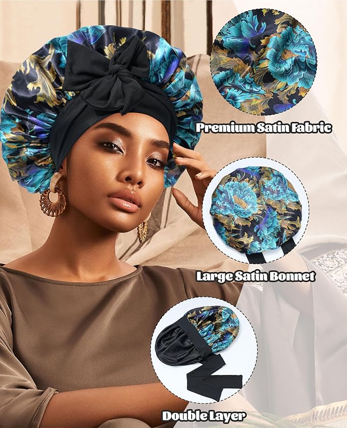 Satin Bonnet Silk Bonnet for Sleeping Silk Sleep Cap Double Layer Hair Bonnet with Elastic Tie Band for Curly Hair Night Cap(Print+Black)
