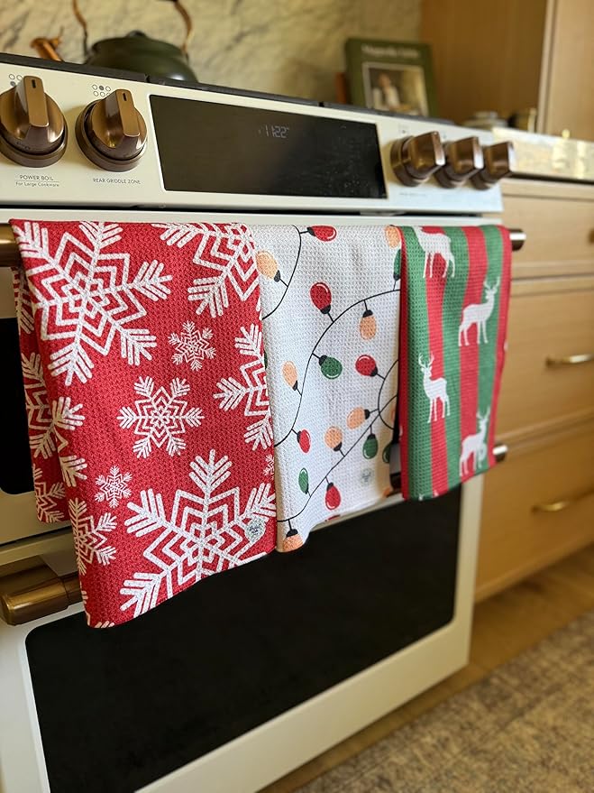 || 3 Pack|| Double Sided Dish Towels || Waffle Weave Microfiber || Highly Absorbent || Hanging Loop || Dish Cloths || Modern || Designer Prints || Lights (Christmas Lights red and Green)