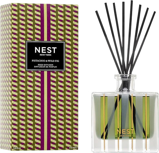 NEST New York Reed Diffuser, Pistachio & Wild Fig - 5.9 fl oz - Fragrance for Up to 90 Days - Reusable, Refillable Glass Holder - Includes 8 All-Natural Reed Sticks - Flame Free