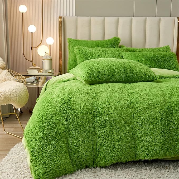 MorroMorn 5 PCS Shaggy Duvet Cover Bedding Set - Fluffy Comforter Cover Long Faux Fur Luxury Ultra Soft Cozy (Green, King/California King)