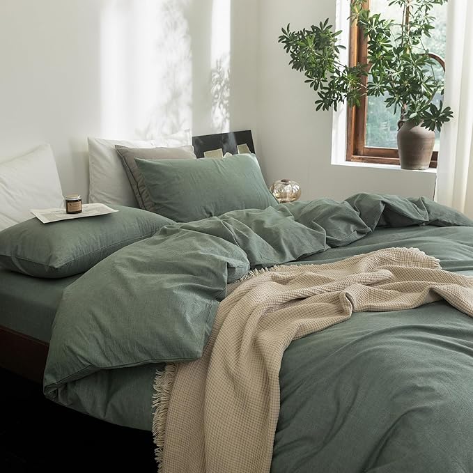 FOSSA Duvet Cover Set 100% Washed Cotton Linen Feel Super Soft Breathable Cozy Simple Style 3 Pieces Bedding Sets Solid Heathered Green California King