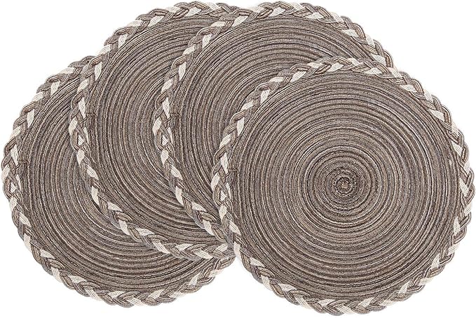 SHACOS Round Placemats Set of 4 Braided Glitter Round Table Placemats 15 inch for Wedding Holiday Party (Multicolor-Light Coffee, 4)
